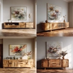 **sideboard with a wooden cabinet, a large floral abstract painting above the sideboard, a light grey wall, a parquet floor, a modern interior design style, wood grain details, a neutral color palette, natural materials, natural lighting, soft shadows, realistic photography. --ar 51:64** - <@1313000520759377972> (fast)