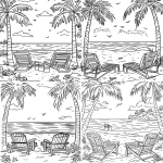 **A simple coloring page for children of A beach scene with palm trees, lounge chairs, and sand pails. A coloring page for kids in the style of Johanna Basford, with thick lines, black and white, no shading, flat art, easy to color, a simple cartoon drawing with high detail. for a simple black and white coloring page, line art, thick lines, easy to color. no shading, lavender --v 6.1** - <@1201148944726638674> (fast)