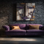 **an ultra-realistic photo depicting the concept of an interior design for a living room, featuring an elegant purple sofa and wall art with a face in the style of picasso, rendered in geometric shapes and framed on dark brick walls. the lighting is warm and inviting, casting soft shadows to accentuate the textures of both the furniture and the artwork. this scene embodies contemporary luxury with a touch of modern artistic flair. --ar 9:16** - Image #3 <@1313000520759377972>
