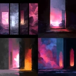 **Scene design: There are two doors on the far left and far right of the picture. The door on the far left is a large, glowing one with a pinkish hue, bright and dreamy. The door on the far right is the entrance to the realm of the afterlife, with a black and red color scheme, dark and gloomy. The middle of the picture has a natural transition of light and shadow. The left side has a low-saturation, bright and dreamy color, while the right side has a high-saturation, dark and black color. The two sides have an extreme contrast in style. The picture is mainly composed of color blocks, and the style of the picture is inspired by the game 'Sky'. The canvas size is 16:9, and the perspective is from the side.** - <@1071018617338089545> (fast)