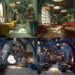 **the interior design of the fantasy interior café is inspired by tim burton's film the coraline. this 3d rendering depicts the whimsical and surreal atmosphere of the café, with its unique architectural elements and imaginative decor.** - <@450898678975168513> (fast)