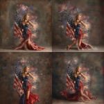**an ultra realistic, highly detailed, photographic image of a beautiful red, white and blue shimmering gown, worn by gorgeous, standing young woman with blonde hair, barely touching her shoulders. A smile is on her lips. She is holding an American flag in one hand as brilliant red, white and blue fireworks fill the background behind her. HD, v 7.0** - Zoom Out by <@1327691479602298971> (relaxed, stealth)