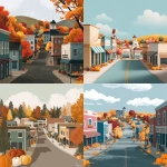 **simple flat illustration of a of a small town in the fall. With a street going down little shops. Same vibes as Gilmore Girls. some pumpkins in the background. Bright fall colours** - <@1183849741679861822> (fast)