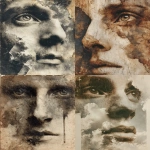 **Huge face with black eyes and nose, hinted at in the sky of clouds and moonlight, divine light, monochrome, burnt sienna, damaged Anthotype print --ar 3:4 --s 250** - <@1089203343378878556> (fast)