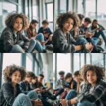 **Ultra-realistic documentary-style photograph of African American and Hispanic adolescents ages 11-13 sitting together in a modern, with one sitting center looking directly at the camera. Well-lit indoor space, casually using smartphones and tablets. The group includes boys and girls of different ethnic backgrounds, natural facial expressions, relaxed body language, age-appropriate clothing, subtle interaction and shared attention on screens. Soft natural window light, realistic skin texture, shallow depth of field, professional DSLR photography, 50mm lens, high dynamic range, candid moment, contemporary educational setting. No exaggerated features, no stylization, no illustration, no cartoon look. Photorealistic, authentic, human, editorial photography style.** - Variations (Strong) by <@950771113464569916> (fast)
