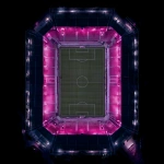 **Real night photo, Perpendicular view from above, football stadium in black and pink colors, Euro-Booster written on it, maximum detail** - Image #1 <@1154524536960725013>
