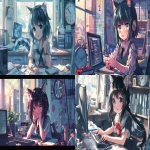 **Cute anime-style anthropomorphic black cat girl, big sparkling eyes, frantically typing emails, flustered expression, stylish school-uniform-inspired outfit, sitting at a messy office desk, digital clock showing time pressure, pastel color scheme, dynamic anime motion lines, expressive face, soft cel shading, 2D anime illustration, --ar 16:9 --v 6.0** - <@920522971204956200> (fast)