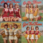**ultra realistic, highly detailed, photographic image of three beautiful high school pompom girls of the 1960’s smiling happily with a beautiful well manicured football field behind them. Their short skirted out fit have a calligraphic "S" on the bodice. Above them is a huge attractive banner saying "Go Get Them Cherokees". HD** - <@1327691479602298971> (fast, stealth)