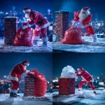 **Night rooftop scene, full-body Santa Claus standing firmly on a snowy roof beside a brick chimney. The chimney is slightly soot-stained and darkened from use, with subtle burn marks and uneven brick texture. Santa is struggling with a massive, heavy red velvet sack, gripping it with both white-gloved hands, actively shaking and forcing the sack toward the chimney opening, trying to dump the contents inside. The sack is overflowing with identical transparent acrylic trophies thick, solid, beveled, exactly matching the reference design. Several trophies are visibly stuck halfway inside the sack opening. A few identical trophies have already fallen out and lie scattered on the snow beside the chimney. One single trophy is clearly outside the sack, resting on the snow, partially covered with fresh snow crystals. Snow is disturbed around Santa’s boots: visible footprints, compressed snow, dragged fabric marks from the sack. Fine snow particles cling to the velvet fabric and trophy edges. Background: blurred night city skyline, distant bokeh lights, starry winter sky, gentle snowfall. Lighting: cinematic winter night lighting, cold blue ambient city glow + soft directional key light, realistic shadow falloff, imperfect reflections, slight lens bloom on highlights. Material realism: fingerprints on acrylic, micro scratches, light condensation, uneven snow accumulation. Photographed realism, not stylized, not CGI-clean. Shot on Nikon D850, 85mm, f/2.2, ISO 800, 1/200s, shallow depth of field, subtle film grain. --ar 4:5 --v 7.0 --raw --oref <https://s.mj.run/SB-W-zigDmg>** - <@1239955832326586419> (relaxed)