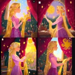 **<https://s.mj.run/XXLD6CnEfo0> Fan art of Princess Rapunzel from Disney, inspired by the style of @chiara_drawings, inside her tower, Rapunzel in profile gently touching the golden sun symbol from the kingdom of Corona, clearly painted on the wall just like the official emblem (yellow sun with purple ornamental swirls), no floating lanterns, soft warm light from the window, her classic pink and purple dress, very long golden hair with delicate flowers, dreamy artistic atmosphere, red velvet curtains framing the scene, rustic interior with brushes, paint, and books, pastel tones, clean elegant lines, high-quality artistic finish --v 7.0 --ar 1:1 --p 6f6xtw4 --raw** - <@1338496041460174871> (relaxed)