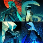 **A vibrant anthropomorphic scyphozoa, pale blue translucent skin, graphic novel cover, line art style, tentacle aesthetics, jelly nucleus, dark background, Kawacy, Tetsuya Nomura, Peter Mohrbacher --p 552yful --s 300 --ar 2:3 --niji 6** - <@348134085279088651> (fast)