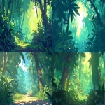 **flat cel-shaded style with bold clean linework, minimal jungle landscape, trees on both sides, leaves blocking out the sky, bits of light shining through, vines on trees, dense green foliage, natural pathway in the middle, loop animation friendly --ar 16:9 --niji 6** - <@257221362568003584> (fast)