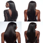 **african american woman with long, straight hair extensions. back view of the model against a white background, for product photography. the model is wearing a long, black, sleek lace front wig with soft lighting, showcasing the model's dark skin tone. --ar 91:123** - <@1176528279734329450> (fast)