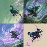 **DND 3.0 art style, action shot. An elvish landsknecht swinging his blue green great sword, arcs of purple lightning follow close behind** - <@592548661985017856> (fast)