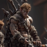 **Realistic 3d rendering. Epic battle scene. pregnant, Hyper muscular young elf with protruding stomach, handsome, tall, square jaw, short curly red hair, bright silver eyes, full bow-shaped bow-shaped, lips, defined muscles, vascular, freckles, pregnant belly, tattoos, square jaw, masculine features, handsome, short curly red hair, hyper oversized muscles, massive muscular arms, massive muscular biceps, massive muscular forearms, massive muscular legs, massive muscular thighs, massive muscular calves, hyper massive muscles, wearing leather armor, huge muscles, handsome, carrying large sword, running into battle. Realistic. --v 7.0 --ar 1:1** - Upscaled by <@1222981214734913607> (fast)