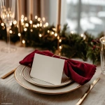 **<https://s.mj.run/CetuniwHn6M> A white mockup invitation card. Minimalist, festive christmas background, warm light, fairy light bokeh, linen tablecloth, elegant and natural holiday aesthetic. red napkins. Red, deep green, beige color palette. Elegant Christmas --ar 4:3 --v 7.0** - Image #4 <@1038768977310121984>