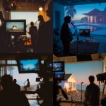 **video shoot of music artist singing in front of a tv with a beach house on screen** - <@700121297820188752> (fast)