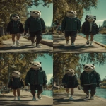 **Hyper-realistic cinematic photograph of a male otter animal the male otter is wearing a dark pine green nike windbreaker zipped up all the way and black nike running shorts and all white nike sneakers walking alongside a short latina female black and white panda with a female black and white panda head and short brown latina skin the short female panda is wearing a black nike windbreaker jacket and black shorts and all black low top VANS sneakers shoes walking around a park full of oak trees along a teal green rivers edge of a park --v 7.0 --aspect 2:3** - Variations (Strong) by <@836732642534752269> (fast)