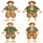 **a anime cartoon of a Neutral base body type of a 19-year-old European teenage male, short brown hair, wearing a a classic zookeeper outfit, khaki shirt with rolled-up sleeves, matching khaki shorts, barefoot, standing with arms down and arms open, looking directly at the camera, neutral pose and expression, no background, simple and minimal, --ar 9:16 --stylize 750** - <@409716268476923920> (fast)