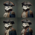 **a stormtrooper dressed as a revolutionary war hero, he wears a tri-fold hat --v 7.0** - Variations (Strong) by <@991616868857172059> (fast)