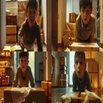 **<https://s.mj.run/KhKr0zYicTk> Cinematic film still, photorealistic. Low-angle close-up shot of the same boy from the reference image, filmed in slight counter-plongée. The camera frames his face and head closely, capturing his wide-eyed astonished expression as he unwraps a package. Only a small blurred edge of the gift box and torn wrapping paper is visible at the bottom of the frame as a foreground element, while the focus remains on the boy’s face. The background shows the empty office room with soft hints of stacked wrapped boxes, out of focus. Warm golden cinematic lighting highlights his expression, shallow depth of field, subtle film grain. Shot like a high-end Christmas commercial with an Arri Alexa cinema camera --ar 16:9 --v 6.0 --no cartoon, cgi, clutter --raw** - <@1072446343324385341> (fast, stealth)