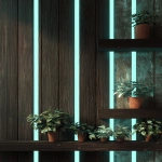 **ultra realistic background design with dark brown wood and stone materials like it's modern flat house room wall with flat surfaces and shelf edges. There are some house plants. There are turquoise gorizontal and vertical neon stripe lines on the photo providing soft lighting. 4k quality --ar 3:4 --v 7.0** - Image #2 <@666660616144027648>