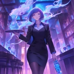**Anime, A night club filled with smoke and mirrors that reflect the single beauty walking forward, it's a woman in a business jacket and a long pencil skirt, dark brown stockings, she's carrying a tray with a large pitcher of ice, her hair midnight blue with purple tips and short cut hair ending around the shoulders, confident smile, narrow squinting blue eyes, pencil thin black eyebrows flat --niji 6** - Image #2 <@372629349565988865>
