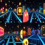 **a videogame scenery with PacMan and ghosts and a total black background, the scene should be vibrant and in the mood of 80s arcade --ar 16:9** - Variations (Strong) by <@153912116150140929> (fast)