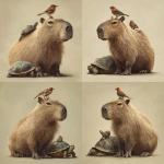 **realistic photo of a capybara with a turtle next to him and a bird on the capybara's head.** - Variations (Strong) by <@1340376758884634665> (fast)