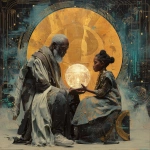 **A futuristic Black elder and child seated in a circle of light, exchanging a glowing orb inscribed with ancient Kemetic glyphs and digital code. Behind them, a mural of resistance and joy--marches, drums, stars, and sacred geometry. Style: Afro-futurist, collage-inspired, bold contrast with soft lighting. Snowflake macrophotography Afrocentric futurism --v 7.0** - Upscaled by <@1071135204846096475> (relaxed)