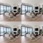 **ultra-realistic photograph of a coastal modern open floor plan living room in Manhattan Beach, California, warm oak wide plank hardwood floors, large black-framed windows with panoramic ocean and beach view, Restoration Hardware modern-inspired neutral palette, plush L-shaped sectional rotated so one side faces the ocean and the other faces a sleek TV above a limestone fireplace, layered grass cloth and Persian area rug, stone coffee table, leather lounge chair, wood rectangle couch table with lamp and fresh flowers and books on top, textured throw pillows, soft ambient natural daylight, sculptural chandelier, layered organic textures, styled for a luxury interior design Instagram post, straight-on wide-angle lens, full view of space including ocean view and TV wall, center fireplace, back chairs up two feet, photorealistic details, depth, natural shadows --v 6.0 --raw --ar 13:10** - Variations (Region) by <@1339375378858381312> (fast)