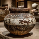 **Ancient New Mexico pottery olla with thin-line stylized lizard (gecko-like) procession band around the jar neck, small scale, evenly spaced, geometric, non-sacred, black-on-white, weathered matte slip, lower band of step-frets and chevrons, weathered matte black-on-white slip, small chips and wear; standing by a tan adobe doorway with wooden lintel (soft late-sun); watercolor granulation; in the style of E. H. Shepard, 1910 not cartoon, not dinosaur, not glossy glaze, no museum label, no text --ar 4:5 --stylize 300 --chaos 4 --raw** - Image #3 <@1081749564803010630>