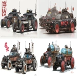 **a dnd style concept art of two feudal japan nuclear powered racing cars made from wood and iron that inspired by ford ranger racing cars style, have a glass tank with mini nuclear reaction inside, have different number in the body, same size but not identical, dark industrial scifi style, labeled as word fastest racing cars, black-white color and hi-viz red racing decals with small white hazard markings, mechanical details, Japanese characters graffiti on the body, realistic look, moody atmosphere, a little bit foggy, signal antennas, various size nobori, have japanese anime stickers and some big racing sponsors decals on the body, signal cabbles, on a white background in the style of Studio Ghibli and Makoto Shinkai, cel-shaded, full-body, cartoon, 2D game art --ar 11:5** - <@1043498067623686144> (fast)