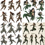 **Character body sheet, multiple poses of same character, in profile view, runing and jumping, female, D&D character, 20 years old, gentle expression, long dark hair, smiles often, green eyes, beautiful warrior, concept art, Dynamic posing, detailed concept art, cinematic lightning, manga style --ar 4:3 --style raw** - <@1194059043728277617> (fast)