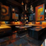 **Surrealism 1980s abstract luxury music lounge, black gold brown colors rich colors, luxury, hd quality , vinyl showing, low lighting, 1 conversation pit, tall abstract speakers, vinyl records , bar lounge included , high quality, clear record shaped table --v 7.0** - Image #1 <@951239260281913364>