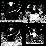 **The Magiciantarot card by Sarah Andersen. The image is black and white and depicts a man with a cloak and shirt holding a small stick with his right hand while his left hand pointing down, an infinity symbol above his head, he is standing behind a table, there are a coin, a wand a sword and a cup on the table, many flowers around him, all set against a black background. and the overall design is simple yet striking, in the style of Sarah Andersen. --ar 3:5 --v 7.0** - <@409716268476923920> (fast)