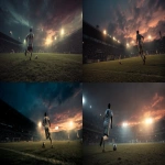 **High angle of camera in the back of a soccer player with number 8 running towards the goal, the ball in front of him. The goal is visible in the distance during a night summer match with beautiful weather and a vivid sunset sky. The stadium is brightly lit. Ultra-high resolution. --ar 16:9 --v 7.0 --p 1dpxt9m** - <@1164481202535792724> (fast)