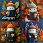 **cute ghost with a beanie hat holding an iced coffee, surrounded by call leaves, 3D embossed wool felt artwork and design, fall leaves background --stylize 750** - <@409716268476923920> (fast)