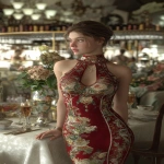 **ultra realistic, highly detailed high necked summer luncheon dress worn by a beautiful young woman standing with a fancy restaurant behind her. HD --v 7.0 --ar 2:3** - Image #1 <@1327691479602298971>