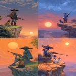 **a man with a metallic arm, a futuristic rifle, and a broad brimmed hat looking off a cliff toward the setting sun. his dog is sitting next to him, 8bit art, 60dpi --ar 5:7** - <@481618854582157330> (fast)
-# Create, explore, and organize on [midjourney.com](<https://midjourney.com/imagine?from_discord=1>)