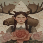 **a girl named Dorothy garland with a mahogany moose head in front a large flower, in the style of detailed portraiture, otherworldly illustrations, wizard of Oz, geometric aesthetics, the stars art group (xing xing), haunting portraits, painted illustrations --ar 74:105 --p 248jcws --s 50 --v 7.0** - Image #3 <@1007106543935823902>