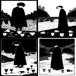 **Five of Cups tarot card by Sarah Andersen. The image is black and white and depicts a mysterious young man in a black cloak standing with their head turned away, looking at the ground. Three cups lying on the ground and two cups stand on the ground on each side of the figure, and a river flows behind them. In the bottom left corner, there is a small stone bridge and a city or castle can be seen in the distant background. all set against a black background, and the overall design is simple yet striking, in the style of Sarah Andersen. --ar 3:5 --v 7.0** - <@409716268476923920> (fast)