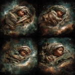 **make a detailed full body renaissance painting of the full body a middle eastern baby baby jesus sleeping in mid-distance in outerspace, with a ring nebula as his cradle. it's important to see the texture in the painting. the baby has brown skin, green eyes and has a keffiyeh around his neck. we can see the full body of the baby. shot with 24mm wide-angle lens** - Variations (Strong) by <@1004567301909118977> (fast)