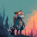 **<https://s.mj.run/RTecCqauTFQ> Reimagine this clean cartoon illustration in a painterly, atmospheric style. Use muted earthy tones blended with halloween colored pastels, textured brush strokes, and hazy gradients in the sky. Hiking through the forest with his cat. In the Pacific Northwest near the mountains during blue hour. Apply loose, expressive linework with subtle shading, crosshatching, and worn textures. Add depth and warmth through cinematic lighting and moody color grading. Expressions should remain exaggerated yet nuanced, balancing humor and melancholy within an atmospheric, storybook-like setting. Color Palette: 20% pastel periwinkle 40% pastel cotton candy 20% pastel sekura pink 10% pastel celadon 10% pastel black** - Image #1 <@757787837981786134>