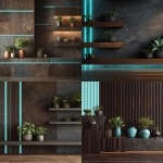 **ultra realistic background design with dark brown wood and stone materials like it's modern flat house room wall with flat surfaces and shelf edges. There are some house plants. There are turquoise gorizontal and vertical neon stripe lines on the photo providing soft lighting. 4k quality --ar 3:4 --v 7.0** - <@666660616144027648> (fast)