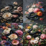 **a dark, moody, victorian oil painting in thick, chunky impasto of a black snake slithering through a cluster of flowers in moody, deep tones. --ar 3:4 --v 7.0** - <@693132661379825714> (fast)