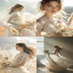 **bride in flowing dress in PANTONE 11-4201 (Cloud Dancer), holding bouquet, ethereal sunlight, romantic and elegant mood, minimalistic background, fine art bridal photography, high-detail --ar 2:3 --v 6.0** - <@1124732812239589386> (fast)