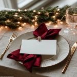 **<https://s.mj.run/CetuniwHn6M> A white mockup invitation card. Elegant festive christmas background, warm light, fairy light bokeh, linen tablecloth, elegant and natural holiday aesthetic. red napkins. Red, deep green, beige color palette. Elegant Christmas --ar 3:4 --v 7.0** - Image #2 <@1038768977310121984>