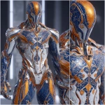 **full body ripped robotic masculine man / with exoskeleton made of forged aluminum / anodized in a combination of three stunning finishes to f refined silver, elegant deep blue and bold and eye-catching cosmic orange / electrifying / great and terrible beauty / background depicts ornate complex lattice patterns of beauty and wonder / full length view --no borders, frames, grids, split screens, tiles, women, girls, females** - Image #3 <@1080572898269466724>