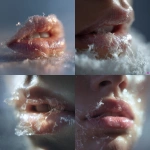 **macro shot of winter-chapped lips in soft studio lighting, surreal art-fashion composition, translucent film of dry skin delicately lifting like silk, skin surface textured like frost on glass, cool pastel tones, moonstone shimmer glinting on lip gloss, breath crystallizing in the cold air, high fashion skincare surrealism, hyperreal beauty in imperfection, ambient light reflections, medical-meets-couture atmosphere, strange intimacy, art installation aesthetic, soft eerie calm, dreamlike close-up tension --v 7.0 --p 3yk8su5** - <@1077492926550134864> (fast)
-# Create, explore, and organize on [midjourney.com](<https://midjourney.com/imagine?from_discord=1>)